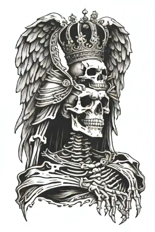a skeleton of a king with outstretched arms having wings