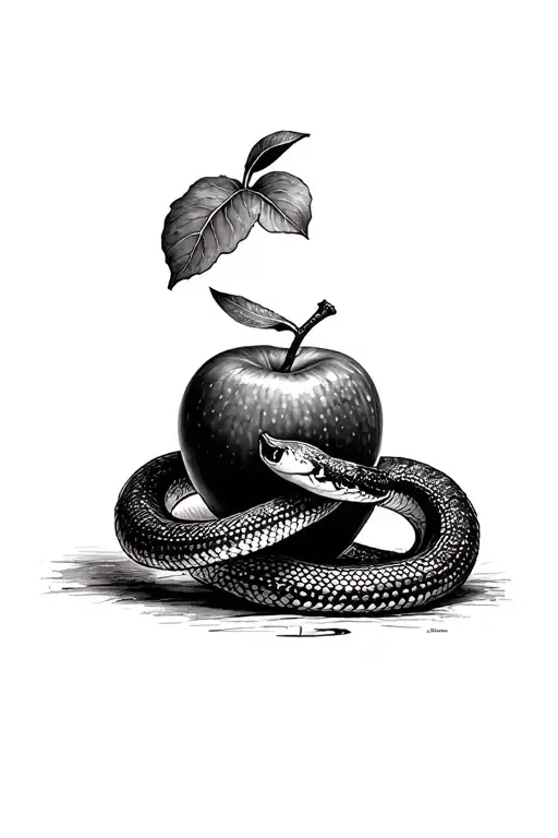 A dotwork tattoo featuring an apple with a snake wrapped arou…