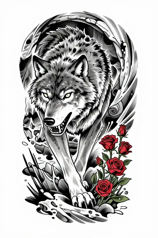 ferocious wolf, trampling on small red roses with gre…
