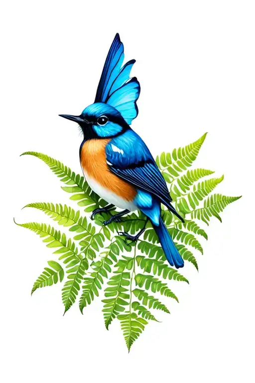 blue fairy wren and fern leaf