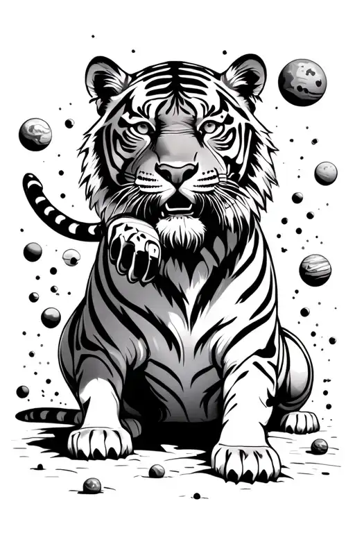 Mythological style tiger stretching paw out infront and crush…