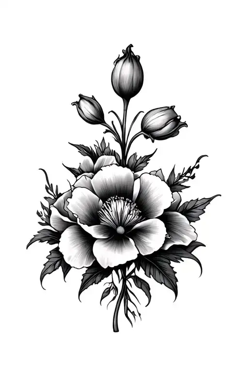 Lily poppy and peonies flower tattoo