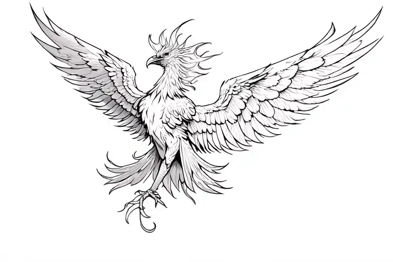 Phoenix tattoo design on upper back, large and detailed. The…
