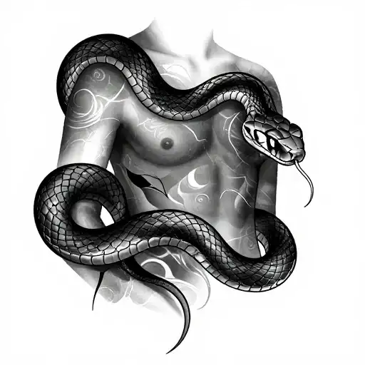 Snake tattos where the head I by the right chest and the body…