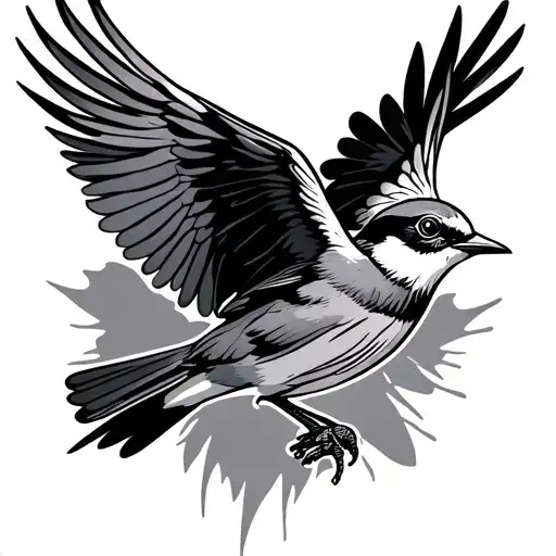 Black and grey style tattoo design of a flying skylark with b…