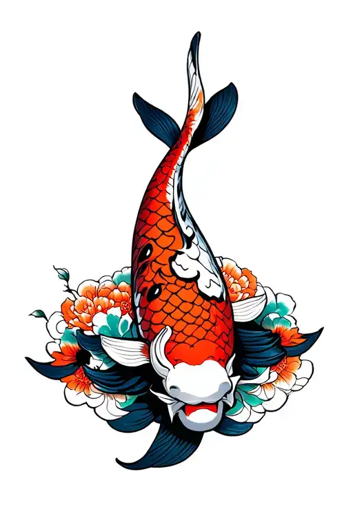 Koi, tiger, oni mask surrounded