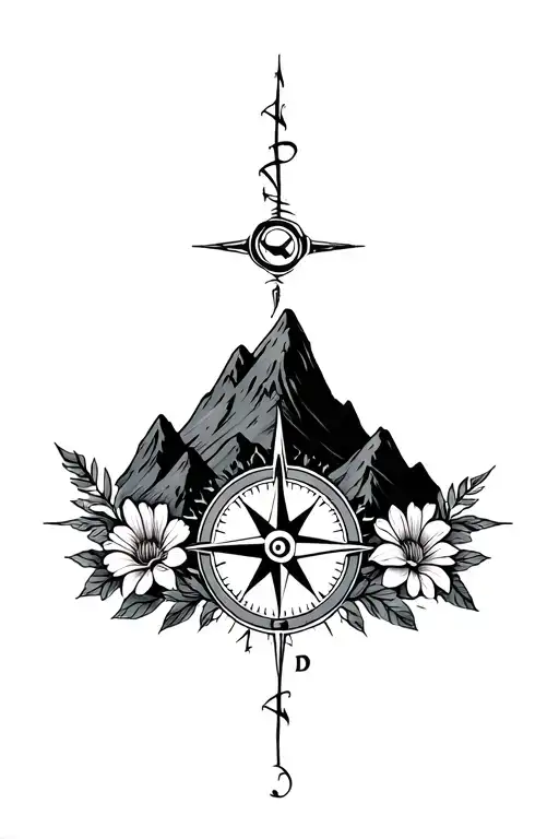 Sternum tatoo compass, mountains, florals chest tattoo